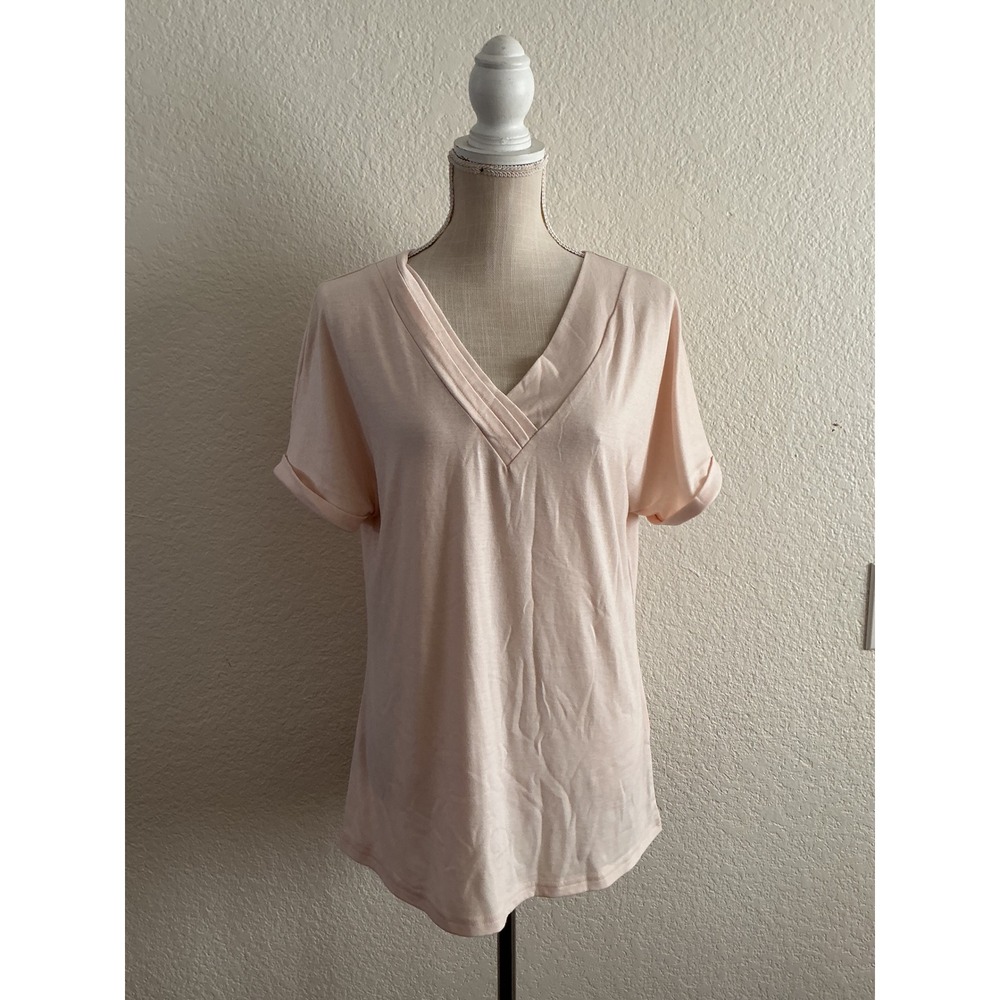 Unbranded V-Neck T-Shirt Size M Peach‎ Pink Pleated Neck Cuffed Short Sleeve Top